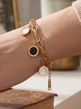 Gold Double-Disc Bracelet Set with Black and White Accents - Women Jewelry
